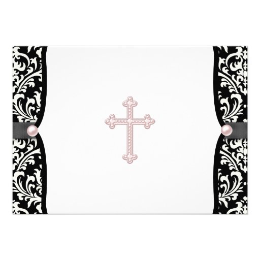 Pearl Cross Pink Black Damask Christening Personalized Invites