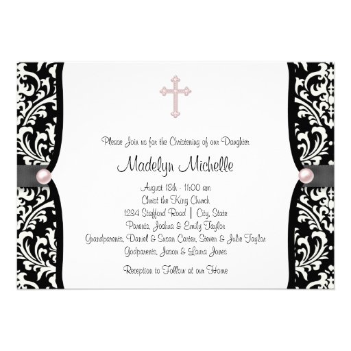 Pearl Cross Pink Black Damask Christening Personalized Invites (front side)