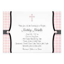 Pearl Cross Pink Black Damask Christening Announcements