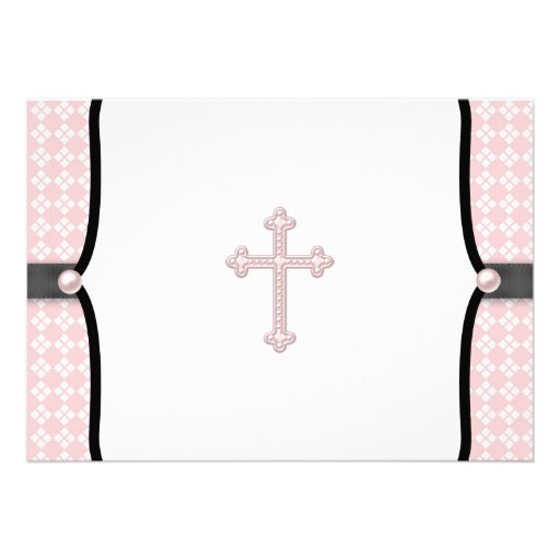 Pearl Cross Pink Black Damask Christening Announcements