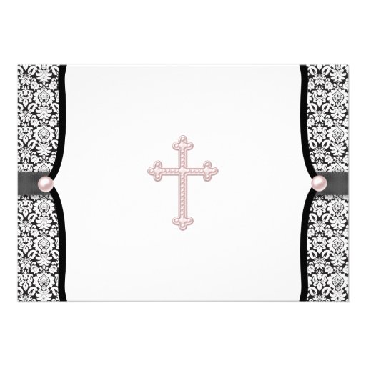 Pearl Cross Pink Black Damask Christening Announcements