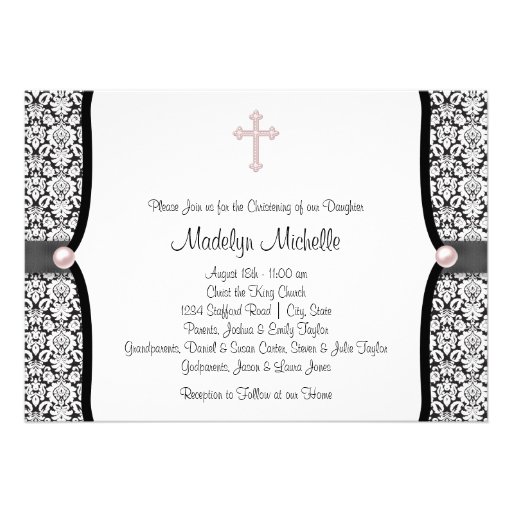 Pearl Cross Pink Black Damask Christening Announcements