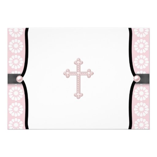 Pearl Cross Pink Flower Christening Custom Invitations