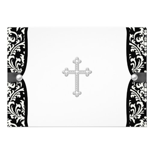 Pearl Cross White and Black Damask Christening Custom Invite