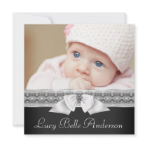 Pearl Lace Black White Baby Girl Photo Birth Custom Invitation