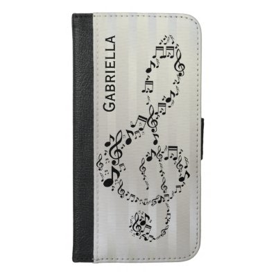 Pearlesque Stripes Black Treble Clef Music Notes iPhone 6/6S Plus Wallet Case