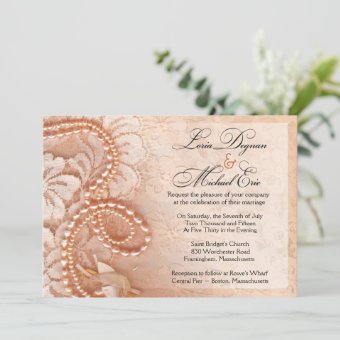 Pearls And Lace Wedding Perfect Peach Invitation Zazzle