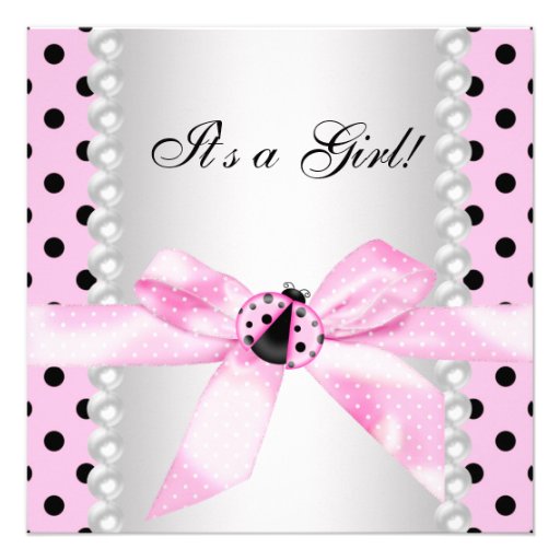 Pearls Black Pink Ladybug Baby Girl Shower Custom Announcements (front side)