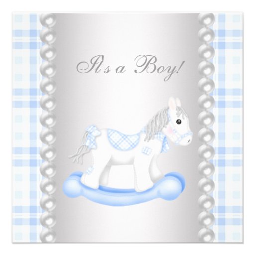Pearls Blue Gingham Rocking Horse Baby Boy Shower Custom Invitation