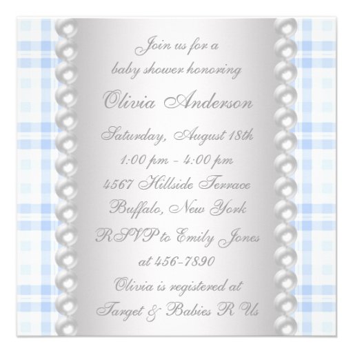 Pearls Blue Gingham Rocking Horse Baby Boy Shower Custom Invitation