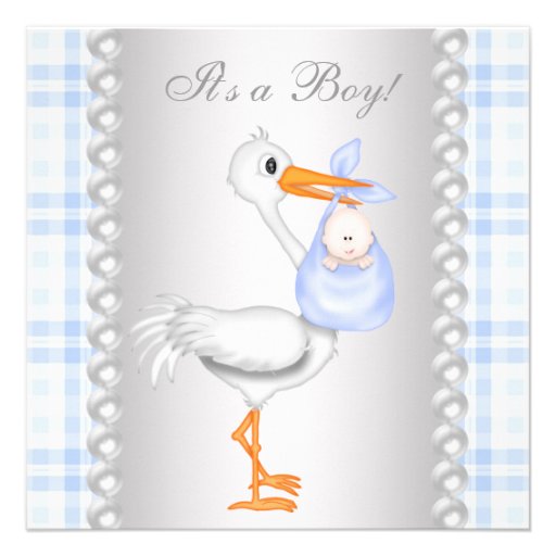 Pearls Blue Gingham Stork Baby Shower Announcements