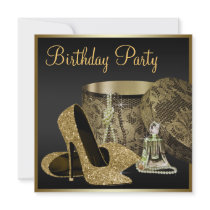 Pearls High Heel Shoes Black Gold Womans Birthday Custom Invite