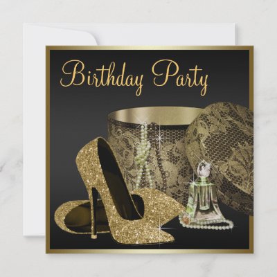 Pearls High Heel Shoes Black Gold Womans Birthday Custom Invite