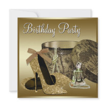 Pearls High Heel Shoes Black Gold Womans Birthday Custom Invite
