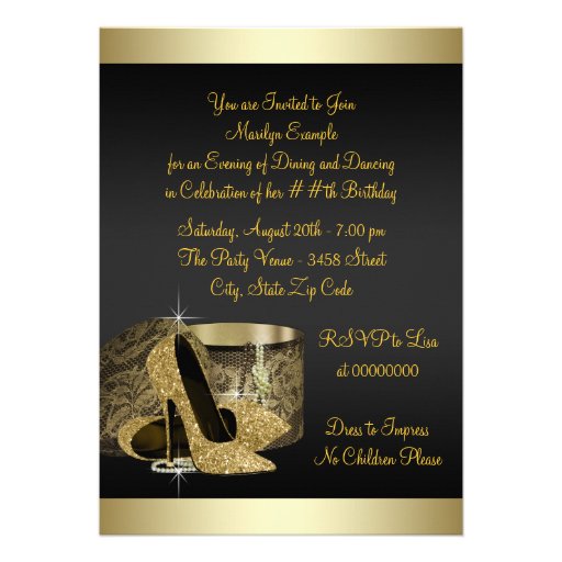 Pearls High Heel Shoes Black Gold Womans Birthday Personalized Invite