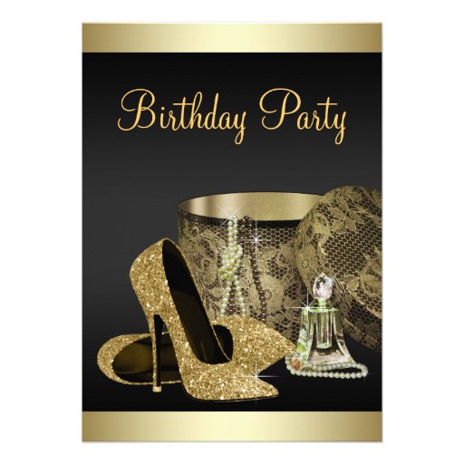 Pearls High Heel Shoes Black Gold Womans Birthday Personalized Invite