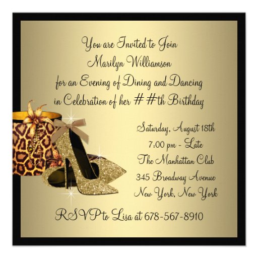 Pearls High Heel Shoes Black Gold Womans Birthday Invitations