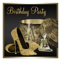 Pearls High Heel Shoes Black Gold Womans Birthday invitations