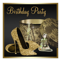 Pearls High Heel Shoes Black Gold Womans Birthday Custom Invite