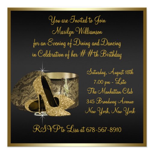 Pearls High Heel Shoes Black Gold Womans Birthday Custom Invite