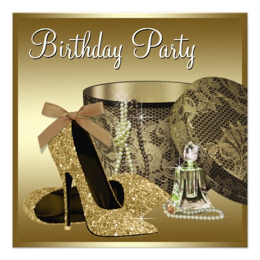 Pearls High Heel Shoes Black Gold Womans Birthday Custom Invite (front side)