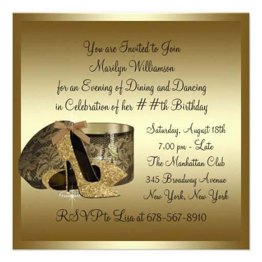 Pearls High Heel Shoes Black Gold Womans Birthday Custom Invite