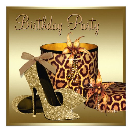 Pearls High Heel Shoes Black Gold Womans Birthday Personalized Invites