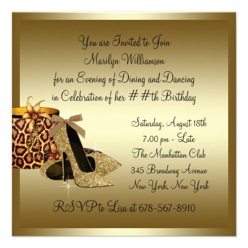 Pearls High Heel Shoes Black Gold Womans Birthday Personalized Invites