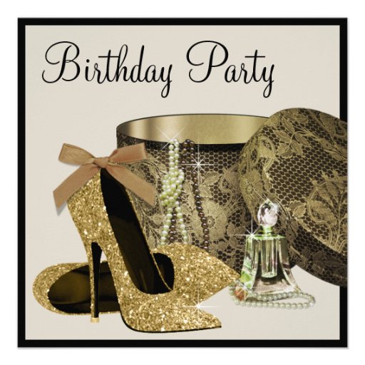Pearls High Heel Shoes Black Gold Womans Birthday Custom Invitations