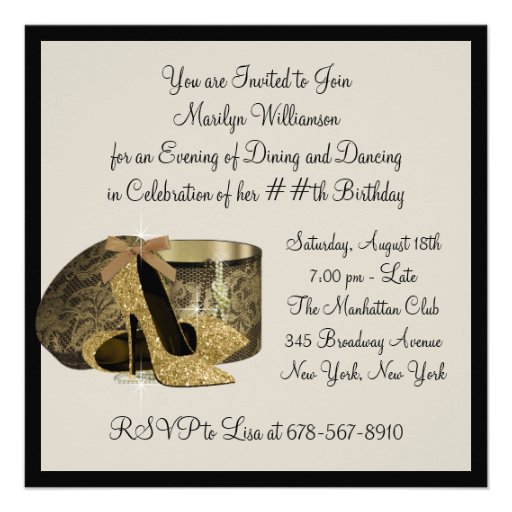 Pearls High Heel Shoes Black Gold Womans Birthday Custom Invitations