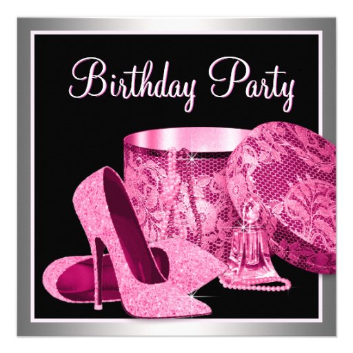 Pearls High Heel Shoes Womans Hot Pink Birthday Invitation