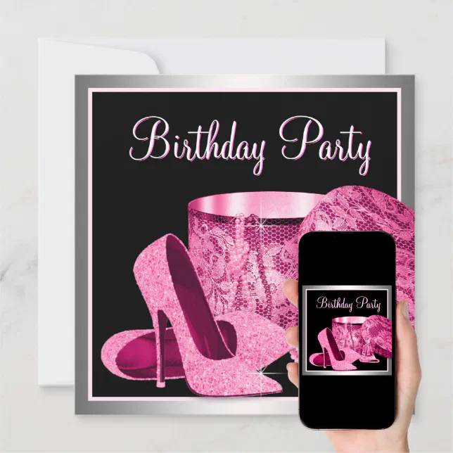 Pearls High Heel Shoes Womans Hot Pink Birthday Invitation Zazzle