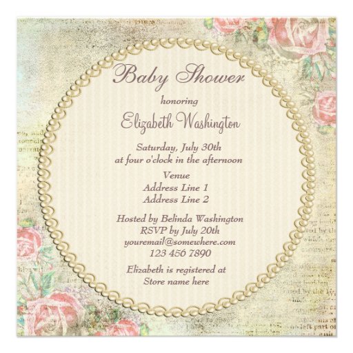 Pearls & Lace Shabby Chic Roses Baby Shower Custom Invite