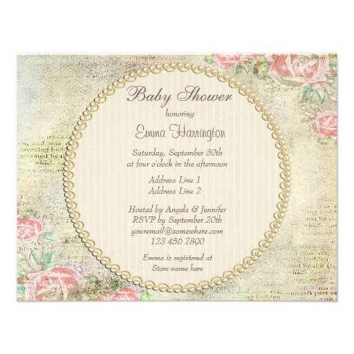 Pearls & Lace Shabby Chic Roses Baby Shower Personalized Announcements