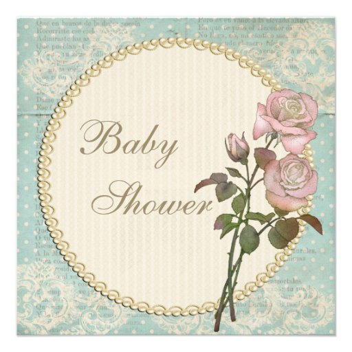 Pearls & Lace Shabby Chic Roses Baby Shower Personalized Announcements