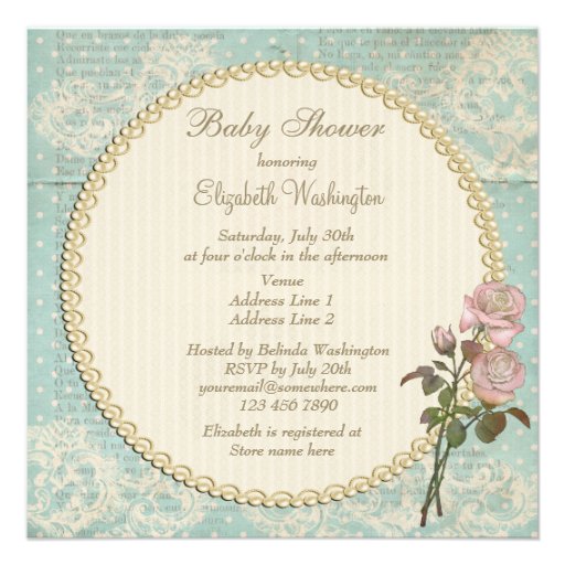 Pearls & Lace Shabby Chic Roses Baby Shower Personalized Announcements