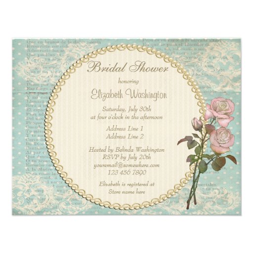 Pearls & Lace Shabby Chic Roses Bridal Shower Personalized Invitations