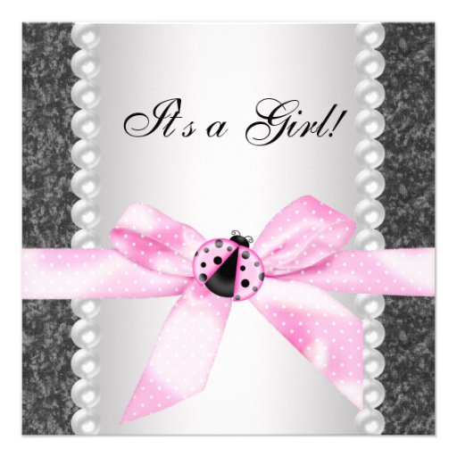 Pearls Ladybug Pink Black Baby Girl Shower Announcement (front side)
