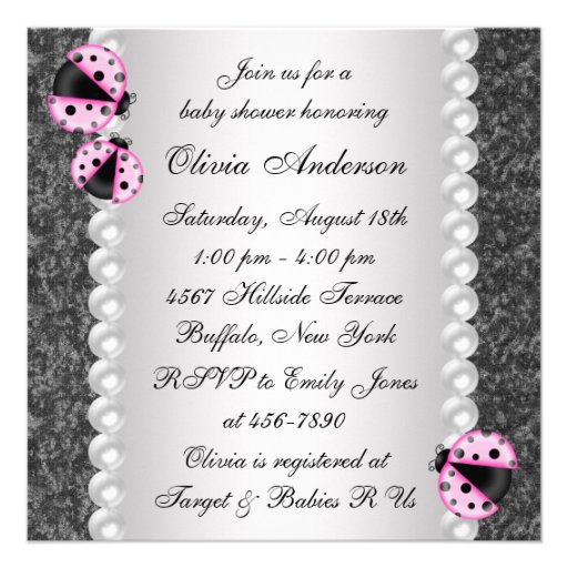 Pearls Ladybug Pink Black Baby Girl Shower Announcement