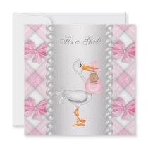 Pearls Pink Bows Stork Baby Girl Shower Invitation