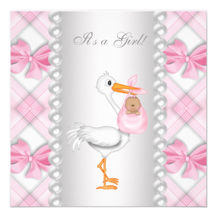 Pearls Pink Bows Stork Baby Girl Shower Invitation