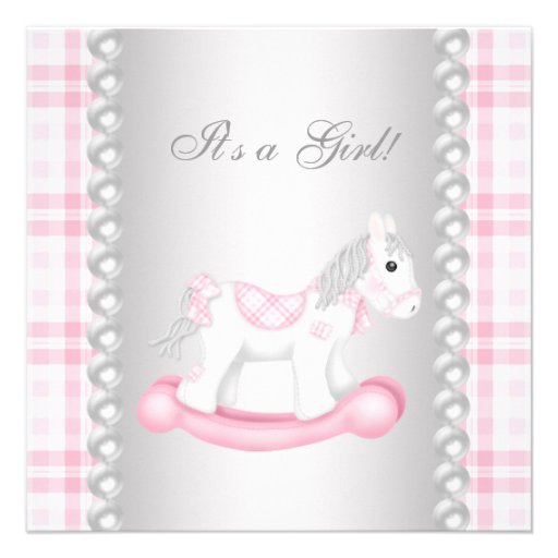 Pearls Pink Gingham Rocking Horse Baby Girl Shower Custom Announcement
