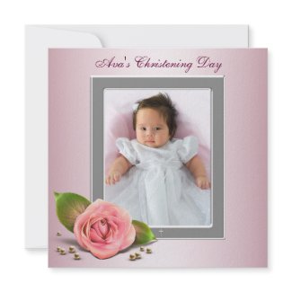 Pearls Pink Rose Baby Girl Photo Christening invitation