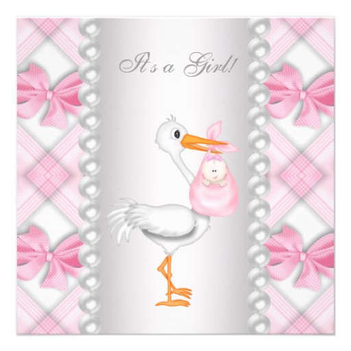 Pearls Pink Stork Baby Shower Invitation