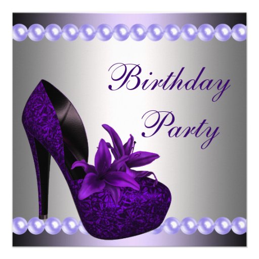 Pearls Purple High Heels Shoes Birthday Party Invites