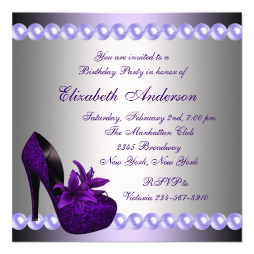 Pearls Purple High Heels Shoes Birthday Party Invites
