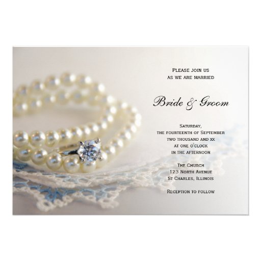 Pearls, Ring and Blue Lace Wedding Invitation