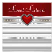 Pearls Ruby Red Heart Sweet Sixteen Birthday Personalized Announcements