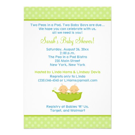 Peas in a Pod Twin Boys 5x7 Baby Shower Invite (front side)