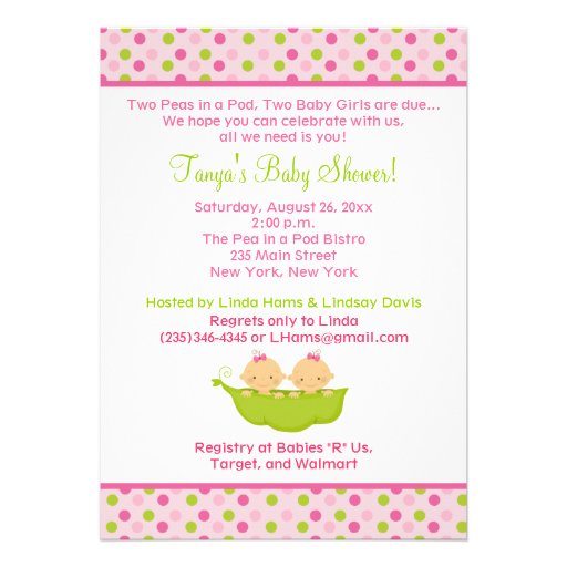 Peas in a Pod Twin Girls 5x7 Baby Shower Invite (front side)